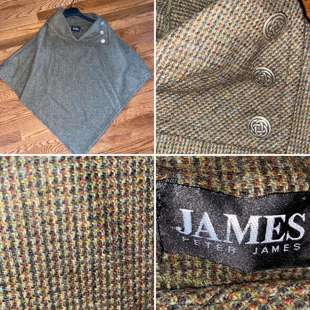 PETER JAMES 100% Wool Houndstooth Tweed Cape w Celtic Knot Buttons UK OS